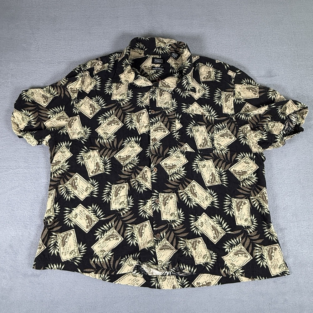 Haggar Men's 2XL Black Post Card Hawaiian Button Up Short Sleeve Pocket Silk‎